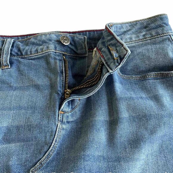 Cello Jeans Mini Skirt Large Blue Raw Hem Light Wash Distressed Whiskered - Picture 11 of 12